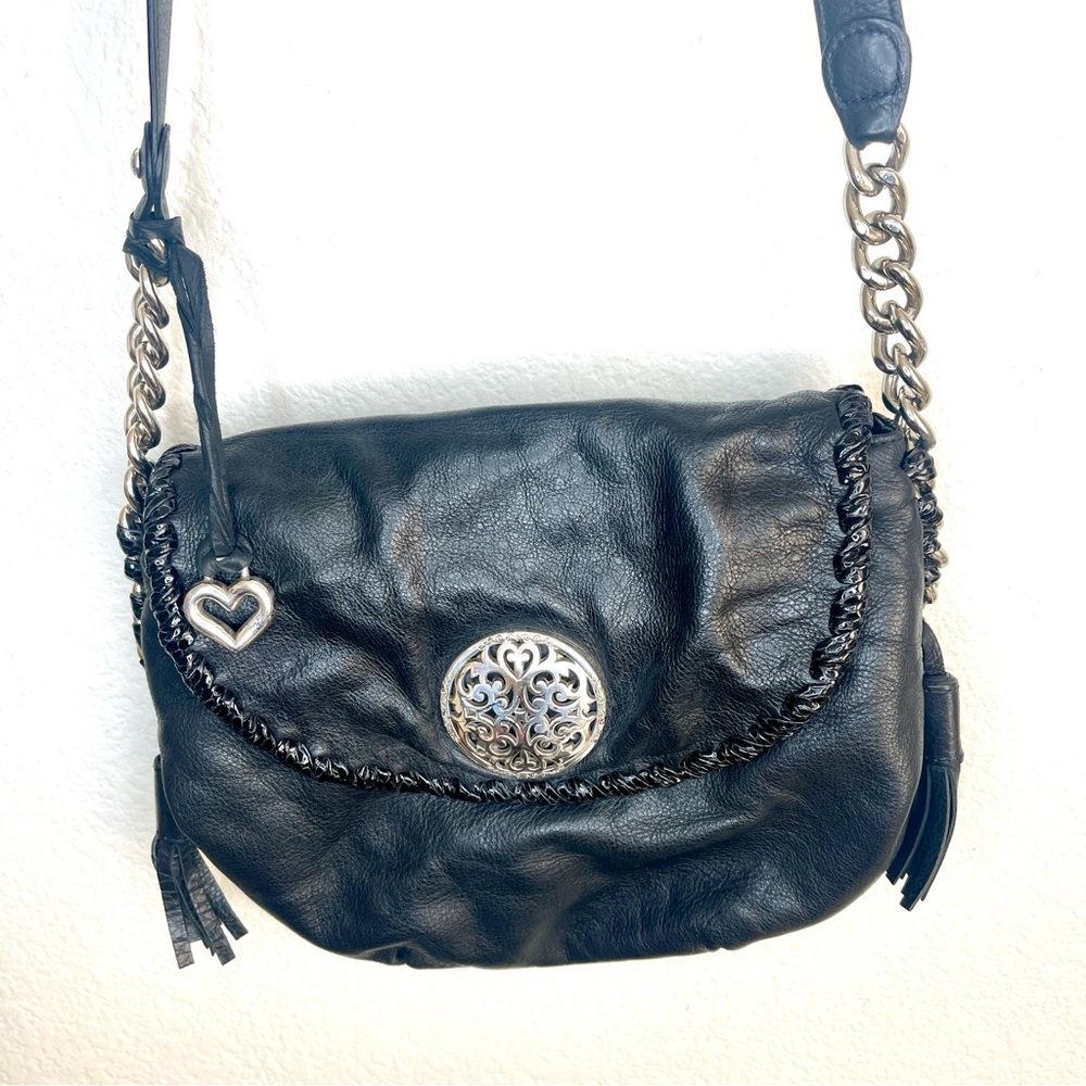 BRIGHTON black leather cross body bag with silver accents and chains and tassels